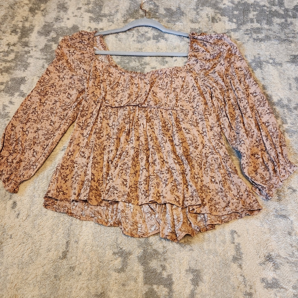 The Nines brown rayon baby doll top, long sleeves, junior's medium.